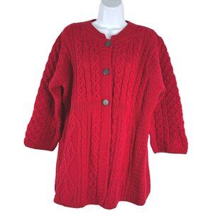 Kilronan Fisherman Cardigan Sweater Large Red Merino Wool Cable Knit CJ-2190